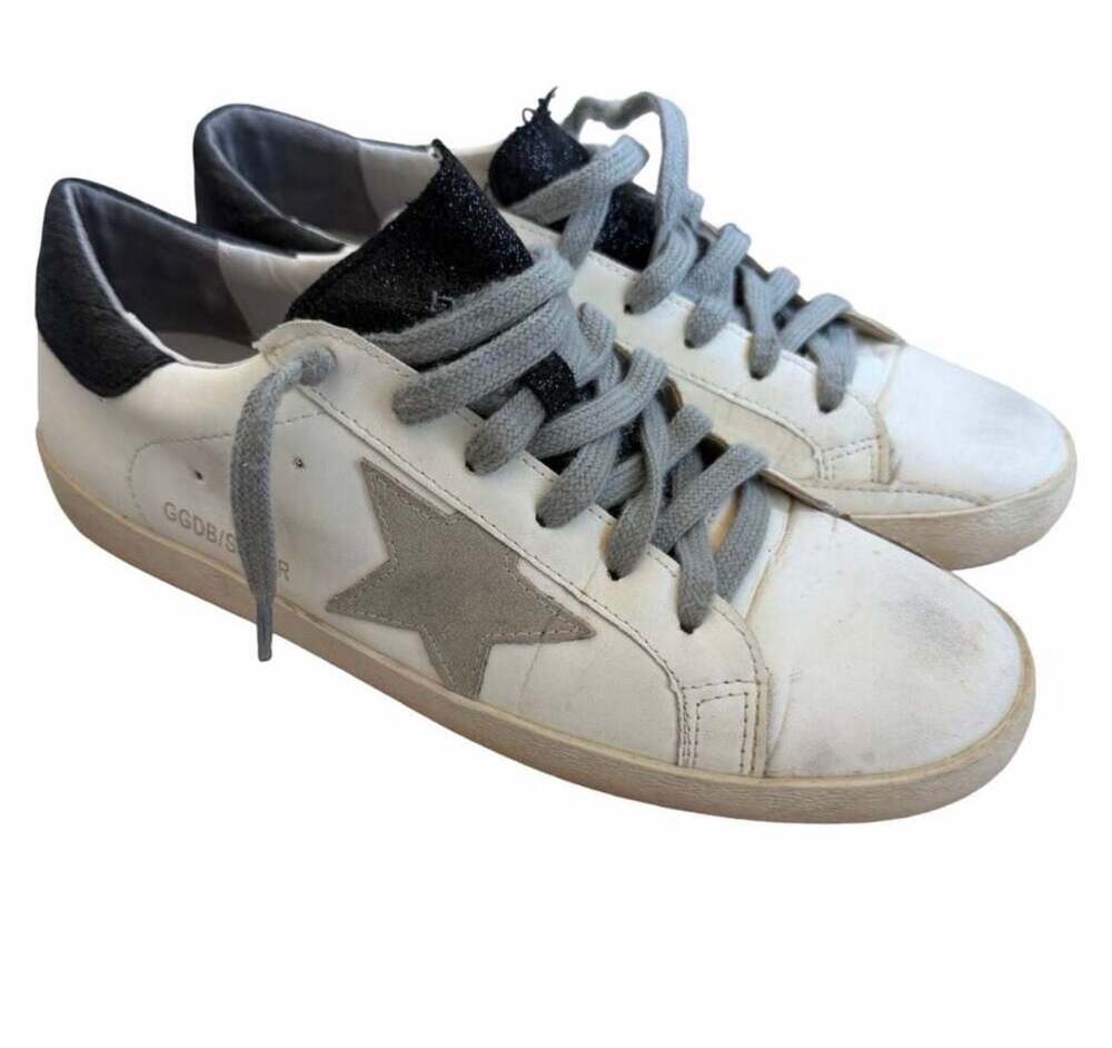 Golden Goose Superstar Sneakers White Leather Black Glitter Heel 8.5